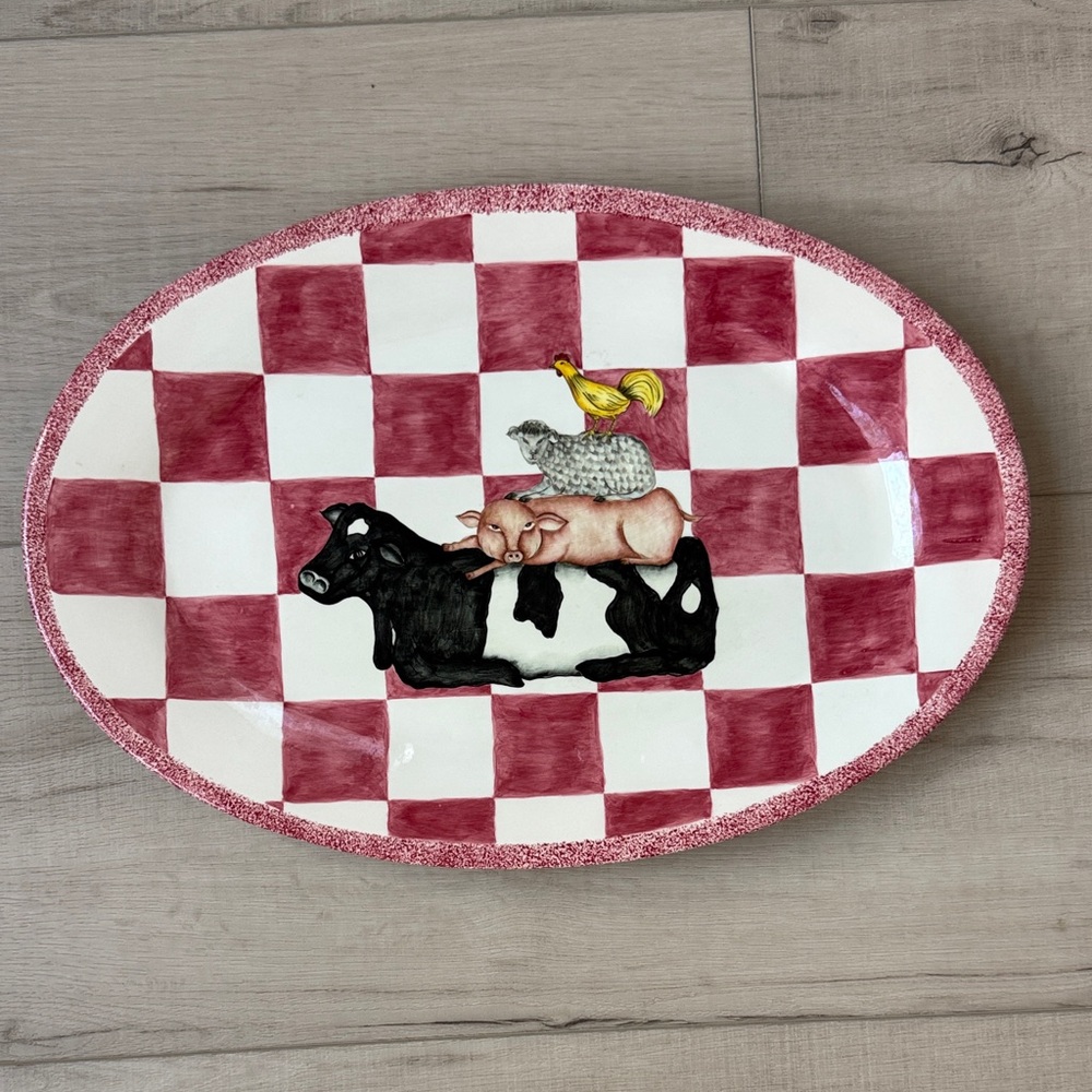 Gingham Cow Pig Sheep Rooster platter